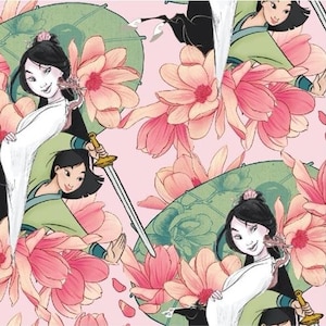 Mulan Disney Floral 100% Cotton Fabric Remnant 13&quot;x44&quot; piece Sold by the Piece