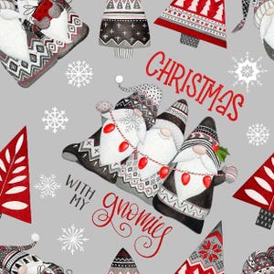 Nordic Gnomes on Gray 100% Cotton fabric by Nicole Tamarin for Springs Creative Sold by the yard