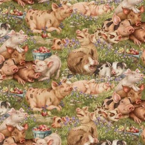 May include: A repeating pattern of pigs in a grassy field with small baskets of apples and purple flowers. The pigs are various shades of pink and brown, some with spots. The overall theme is a pastoral farm scene.