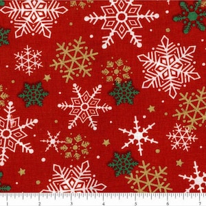 Merry Christmas Metallics Multi Snowflakes on Red 100% Cotton fabric from Choice Fabrics Sold by the yard