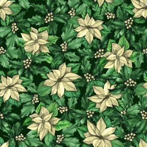 Stelle di Natale color crema e agrifoglio su tessuto 100% cotone nero di Marshall Dry Goods Venduto tagliato su misura