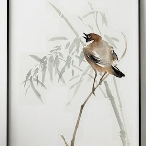 Bird on Bamboo Poster, Bamboo Canvas Wall Art, Bird Sparrow Watercolor Poster, Sparrow Bird Wall Decor, Sparrow Bamboo Chinese Art