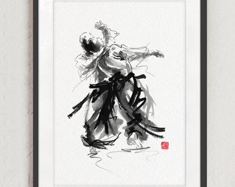 May include: Black and white ink painting of a person in a martial arts pose. The person is wearing a black belt and traditional clothing. The painting is done in a minimalist style with a red stamp in the bottom right corner.