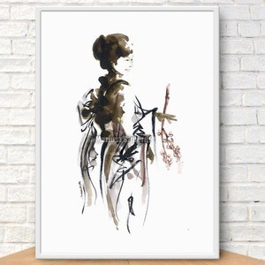 Geisha art poster, Minimalist artwork, Sumi-e, Ink painting, Maiko poster