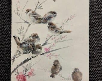 Original Sparrow Sumi-e Painting – Japanese Ink and Watercolor Art on Rice Paper – Zen Minimalist Wall Decor – Wabi Sabi Nature Artwork