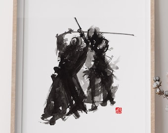 May include: A black and white ink painting of two figures in a martial arts pose. The painting is framed in a light wood frame and is hanging on a white wall.