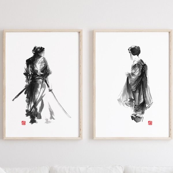 Samurai y Geisha Poster Juego de 2 surrealista abstracto estilo japonés decoración de la pared del arte