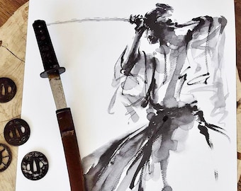 Samurai Wall Art Print – Japanese Ink Painting Sumi-e Style | Zen Minimalist Martial Arts Decor, Samurai Warrior Artwork by Polish Artist