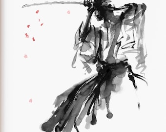 Samurai Watercolor Art Print: Bushido Sword Poster