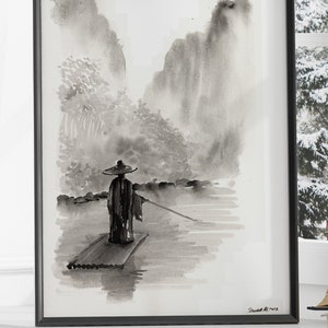 Chinese Poet on River Poster, Black and White Canvas Wall Art, Chinese Landscape Watercolor Poster, Chinese Ink Wall Decor