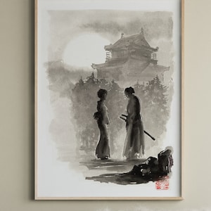 Samurai Love Poster, Black and White Canvas Wall Art, Japanese Samurai Love Watercolor Poster, Samurai Love Wall Decor