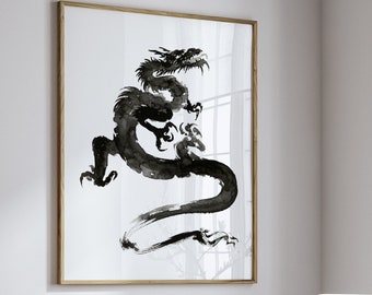 Dragon Poster, Sumi-e, Zen Art, Dragon Painting, Chinese Dragon Painting, Japanese Dragon, Chinese Dragon Art, Dragon