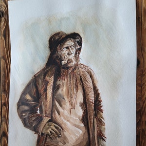 Old Sailor Portrait, Nautical Watercolor Art, Fisherman with Blue Eyes, Ink and Watercolor Painting, Maritime Wall Decor, Gift for Sea Lover