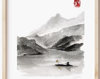 Sumi-e Landscape Art Print: Chinese Fisherman, Zen Ink Painting