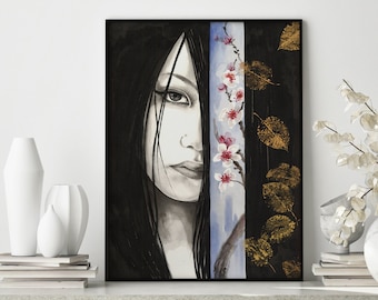 Beautiful japanese girl and cherry blossoms Art Print, Autumn gold leaf home decor.