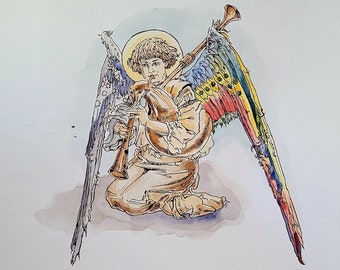 Angel painting, angel drawing, angel original ink painting, watercolor painting, colorful angel, angel home protection