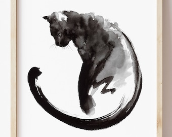 Black Cat Watercolor Painting: Abstract Kitty Art Poster