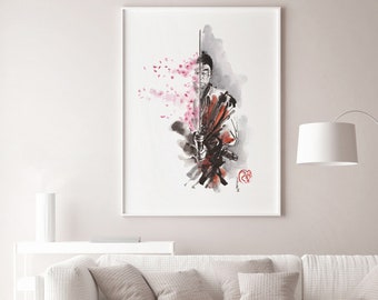 Samurai Destiny Painting, Samurai Cherry Blossom Poster, Samurai Print, Bushi Art Poster, Bushido Wall Decor