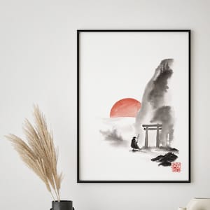 Sumi-e, Zen Art, Asian Art, Zen Artwork, Zen, Chinese Art Print, Chinese Mountain, Zen Painting, Sunrise Poster