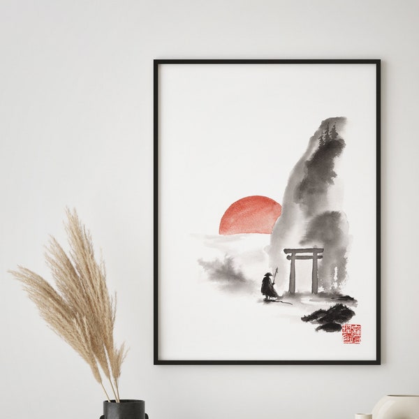 Sumi-e, Art Zen, Art asiatique, Illustration Zen, Zen, Impression d'art chinois, Montagne chinoise, Peinture Zen, Affiche du lever du soleil