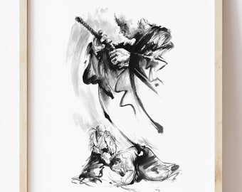 幕末 武士の水彩画と鉛筆画 サムライ戦士の水彩画 - 日本刀アートプリント、武道の壁飾り、刀