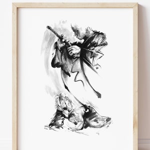 Samurai Ronin Battle Art Print - Dynamic Japanese Warrior with Sword - Martial Arts Wall Decor - Traditional Ink Style Warrior Poster