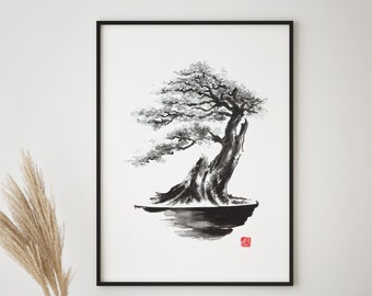 Impresión artística de bonsái: pintura con tinta sumi-e sobre lienzo
