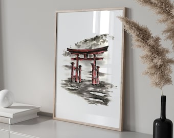 Torii Gate Watercolor Print: Japanese Home Decor