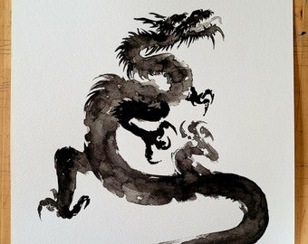 Japanese Dragon Watercolor Painting: Sumi-e Ink Art Print