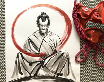 Samurai, Ronin, Meditation, Martial Arts, japanese art, sumi-e, brush, ink painting, bushido, seven virtues of bushido, enso, zen, original