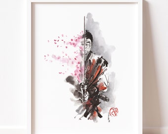 Samurai Destiny Painting, Samurai Cherry Blossom Poster, Warrior Print, Bushi Art Poster, Bushido Wall Decor