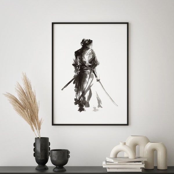 Samurai peinture, aquarelle, illustration Prints japonaise, Guerrier Affiche, Katana Mûr