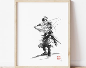 Samurai with katana, japanese warrior art print. Ronin wall poster.