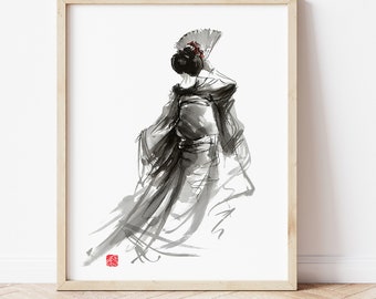 Geisha Painting, Geisha Art, Geisha Large Poster, Asian Abstract Art, Sumi-e Painting, Geisha Abstract Art, Geisha Artwork Gift Idea