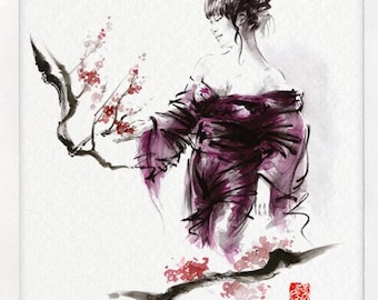 Geisha Art Print: Sumi-e Ink Drawing, Japanese Wall Decor