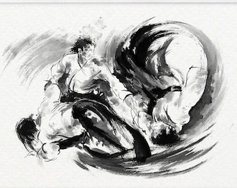 May include: Black and white ink painting depicting two figures in a dynamic pose, suggesting a martial arts or wrestling match. The figures are rendered in a stylised, abstract style with bold brushstrokes.