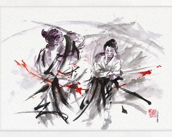 Samurai Duel Poster, Two Warriors with swords, Warrior Motivational Inspiration Art