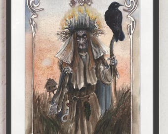 Baba Yaga Art Print – Slavic Folklore Witch Watercolor, Dark Fantasy Mythology Illustration, Folk Legend Wall Art