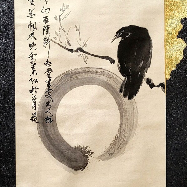 Original handmade Enso circle zen painting japanese calligraphy crow hanging scroll