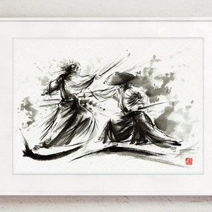 Samurai Duel Ink Painting Print: Japanese Warrior Art