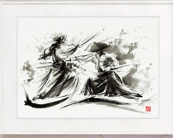 Samurai Duel Ink Painting Print: Japanese Warrior Art