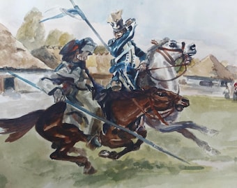 Original Watercolor Cavalry Painting • Historic Horse Battle Art • Polish Lancer Illustration • Military Equestrian • Kossak