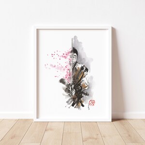 May include: Watercolor art print of a samurai holding a katana sword. The artwork features a half-face portrait of the samurai, with cherry blossom petals on the left side. The color palette includes black, brown, and pink.