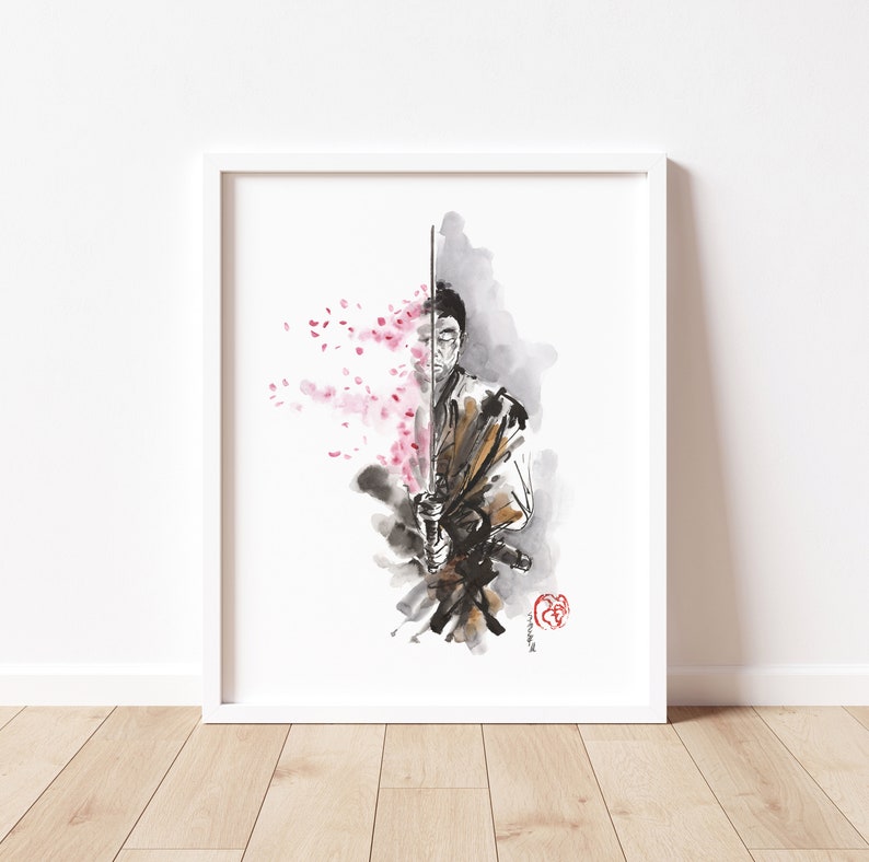May include: Watercolor art print of a samurai holding a katana sword. The artwork features a half-face portrait of the samurai, with cherry blossom petals on the left side. The color palette includes black, brown, and pink.