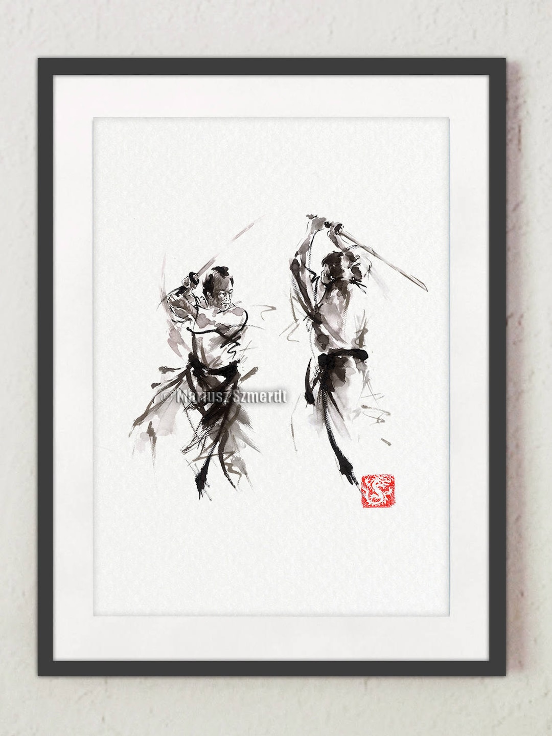 侍の剣戟の水墨画：日本の筆絵アートプリント - Etsy 日本