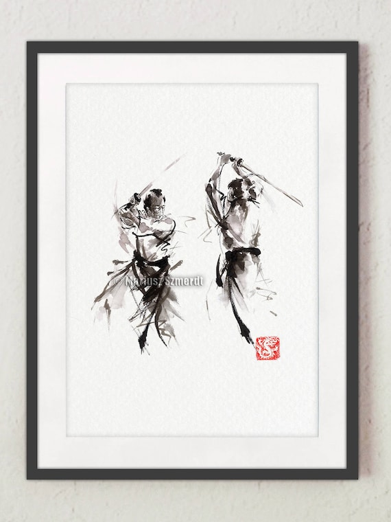 侍の剣戟の水墨画：日本の筆絵アートプリント - Etsy 日本