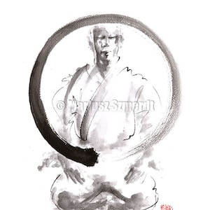 May include: Ink wash painting of a person meditating, enclosed within a black circle. The person is wearing a white robe. The artwork is signed "Mariusz Szmerdt". A red seal is in the lower right corner. The style is minimalist.
