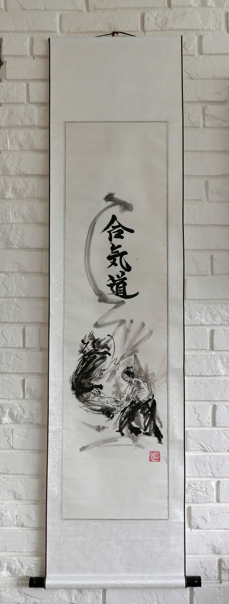 AIKIDO, Original Painting, Handmade Scroll, Sumi-e, Japanese Art, Martial Arts Artwork, Warriors, Samurai, Bushido Father's Day Gift Idea image 1