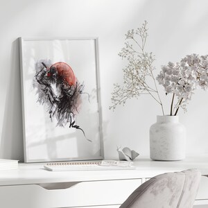 May include: A framed black and white ink drawing of a person in a red circle. The drawing is on a white background.
