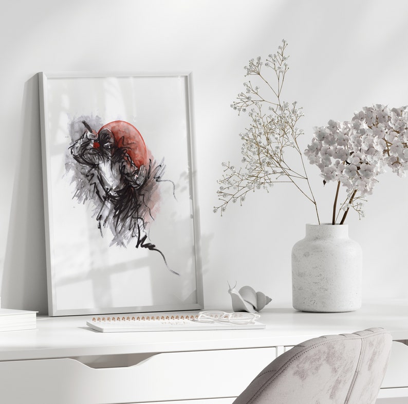 May include: A framed black and white ink drawing of a person in a red circle. The drawing is on a white background.